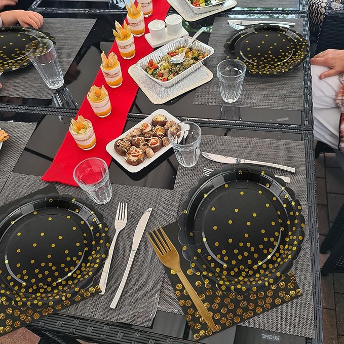 50PCS Black and Gold Paper Plates and Napkins, 7Inch Black and Gold Dot Party Supplies Disposable Party Plates Tableware Set for Birthdays, Graduations, Fathers Day Retirement and Weddings Decorations