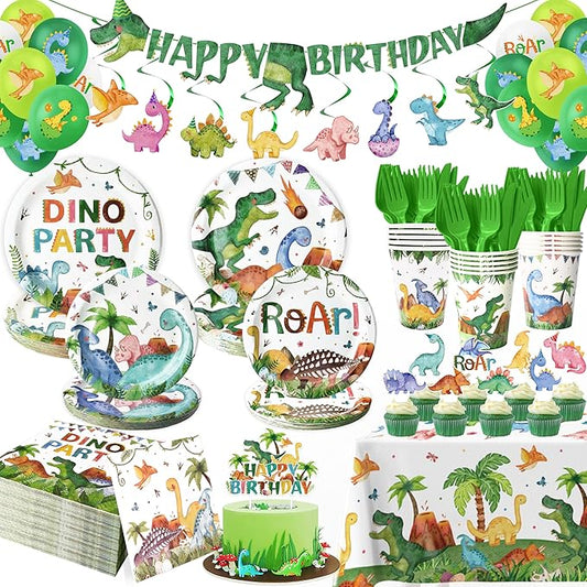 189 Pcs Dinosaur Birthday Party Supplies Set - Serves 24, Dino Decorations Kit with Banner, Balloons, Swirls, Cake Toppers, Tableware & Tablecloth