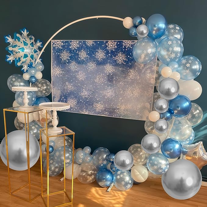 Snowflake Balloons Winter Blue White Silver Balloons Metallic Pearl Blue Silver White Snowflake Balloon Set for Princess Snow Wonderland Ice Christmas Birthday Baby Shower Wedding Party Decorations