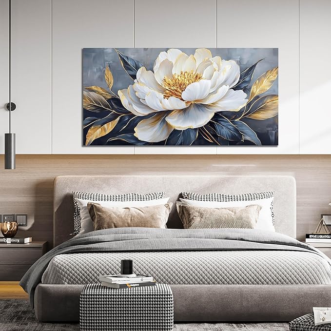 AOZEMI Floral Wall Decorations White Pictures Flowers Wall Art Modern Canvas Plant Gold Wall Decor for Living Room Bedroom Big Artwork 29"x 59"