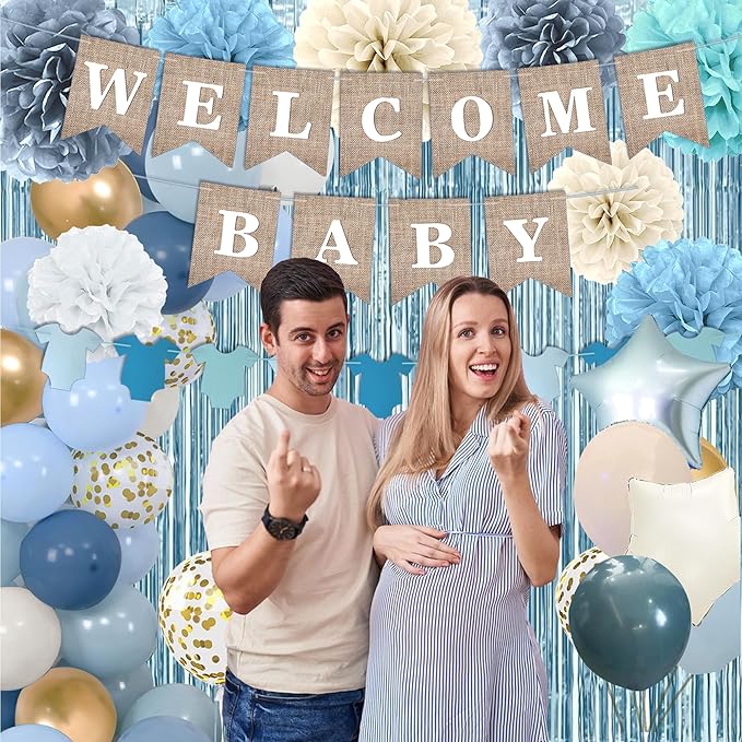 Dusty Blue Baby Shower Decorations- Boy Baby Shower Decor Set with- Welcome Baby Banner, Clothes Banner, Cake Topper, Tissue Pom Poms, Dusty Blue Balloons | Boho Baby Boy Shower Decorations