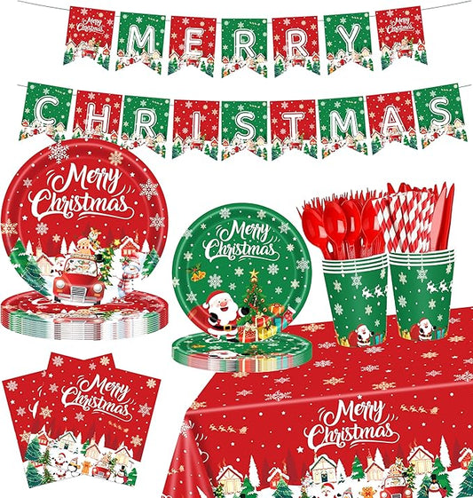 194PCS Christmas Party Supplies | Indoor Xmas Disposable Plates Napkins Cutlery Straws Banner Tablecloth Complete Christmas Party Decorations Set For Home Dinner Picnic Holiday Thanksgiving Serve 24