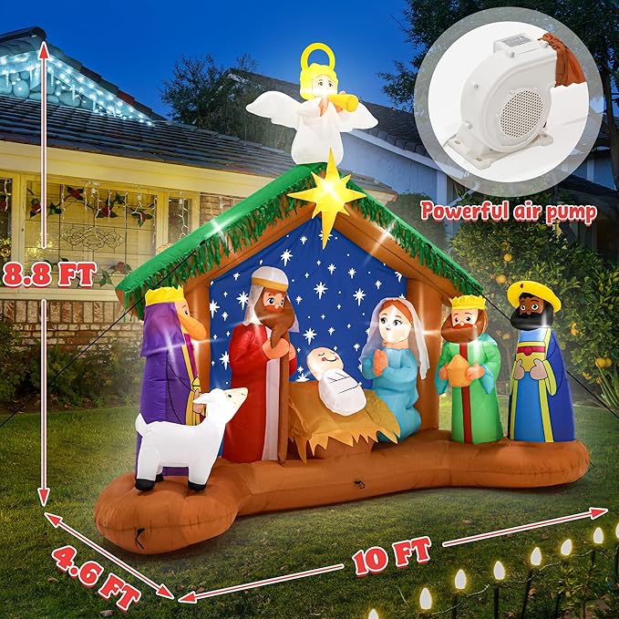 10FT Christmas Inflatables Decor, Blow Up Christmas Nativity Scene, LED Lighted The Birth of Jesus Scene Inflatables Decor, Outdoor Inflatable Decorations for Xmas Yard Lawn Patio
