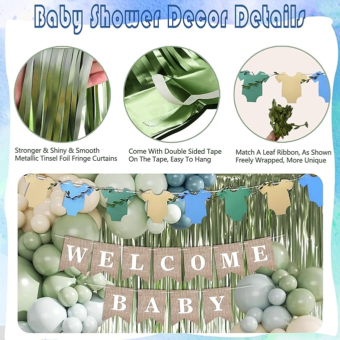 Blue Sage Green Baby Shower Decorations-Welcome Baby Boy Banner, Fringe Curtains, Paper Pompoms, Olive Green Dusty-blue Beige Cream Latex Balloon Décor For Boho Easter Jungle Baby Shower Blue Party