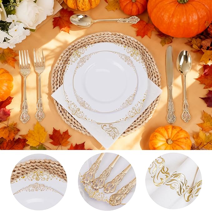 Ciaell 300PCS White and Gold Plastic Plates - Gold Disposable Dinnerware Sets for 50 Guests - 100 Plates, 50 Knives, 50 Forks, 50 Spoons, and 50 Napkins for Wedding, Anniversary, Party & Thanksgiving