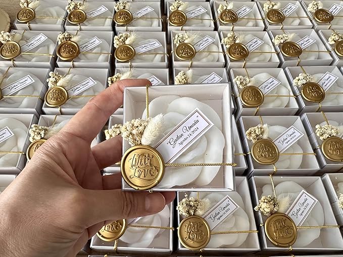 Personalized Rose Shaped Wedding Candle Favors with Seal Wax and Dried Flowers - Scented Soy Wax for Weddings, Bridal Showers, Baby Showers, Birthdays (10-20-30-40-50-100 PCS in Bulk)