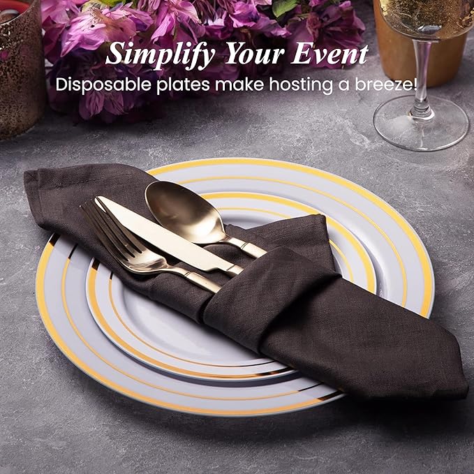 Aya's Cutlery Kingdom 100 White and Gold Plastic Plates for Thanksgiving Dinner - Fancy Plate for Party - 50 (10") Dinner and 50 (7.5") Salad Plates - Heavy Duty, Elegant Disposable Tableware Set