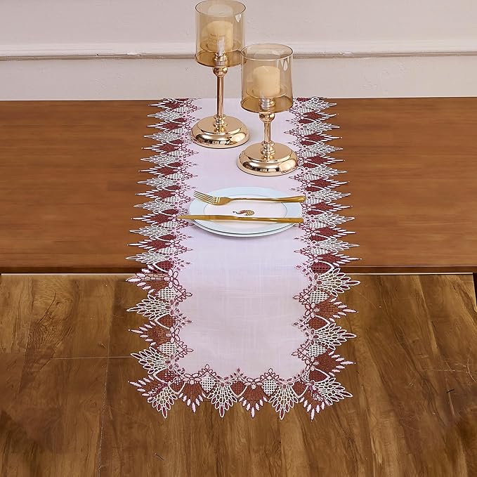Natural Linen Table Runner 120 inches Neutral Earth Tones Beige Lace Handcrafted Coffee Table Runners Dresser Scarf for Spring Easter Summer Kitchen Wedding Party (16”x120”, Dark Red)