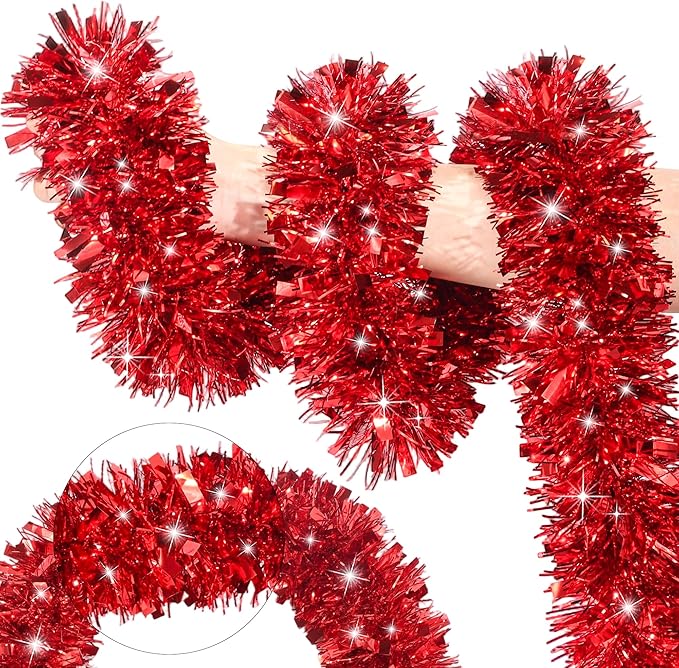 50FT Red Christmas Tinsel Garland Metallic Twist Xmas Garland for Christmas Tree Decorations Holiday Hanging Garlands for Mantel Staircase Indoor Outdoor Home Office Classroom Party Holiday Decor