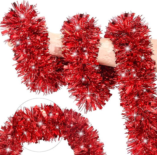 50FT Red Christmas Tinsel Garland Metallic Twist Xmas Garland for Christmas Tree Decorations Holiday Hanging Garlands for Mantel Staircase Indoor Outdoor Home Office Classroom Party Holiday Decor