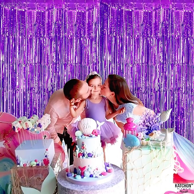 KatchOn, Metallic Purple Foil Fringe Curtain - Pack of 2 | Streamer Backdrops For Purple Birthday Decorations | Bachelorette, New Year, Halloween Decorations Indoor | Unicorn, Mermaid Party Decoration
