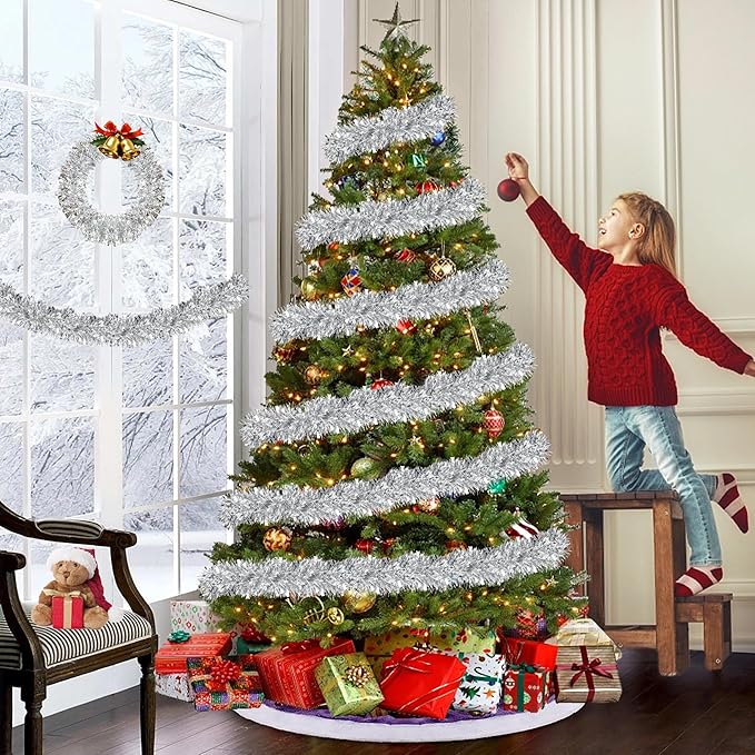 50FT Silver Christmas Tinsel Garland Metallic Twist Xmas Garland for Christmas Tree Decorations Holiday Hanging Garlands for Mantel Staircase Indoor Outdoor Home Office Class Party Holiday Decor