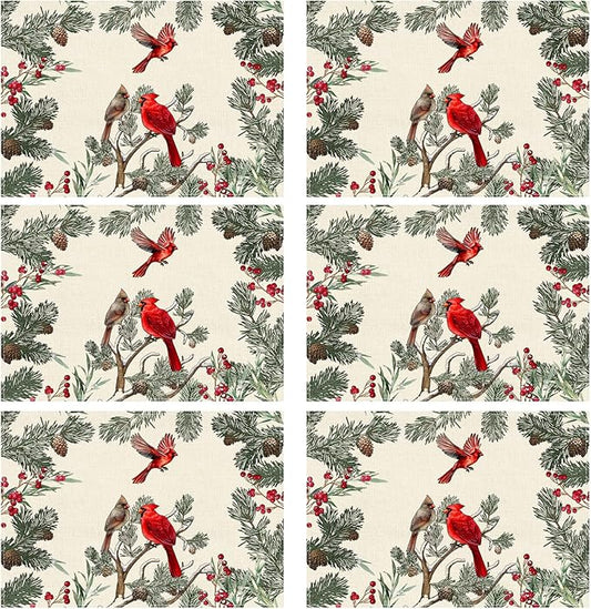 XCHI Cardinal Birds Winter Pine Tree Christmas Xmas Placemats Set of 6 Table Mats for Party Home Kitchen Dining Table Decorations 12x18 Inch