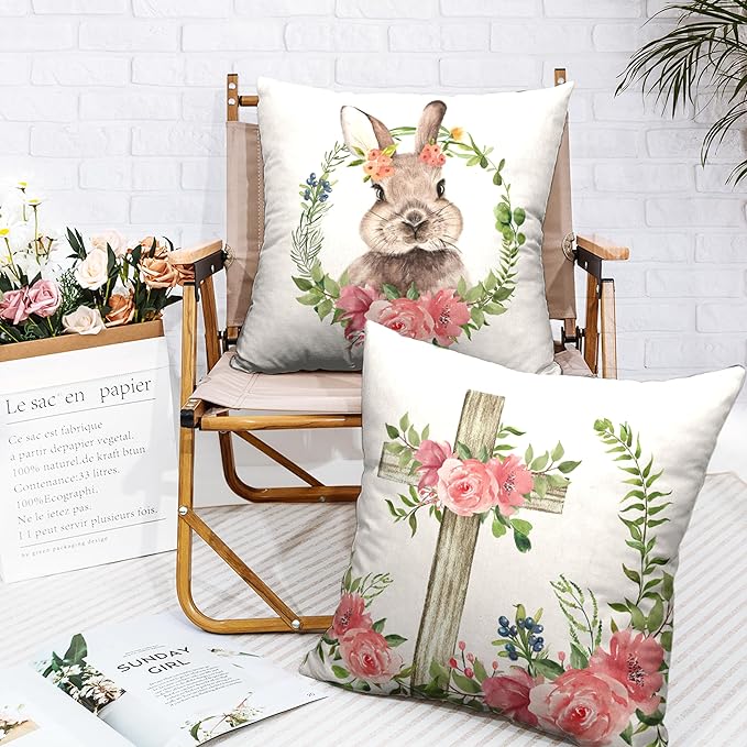 Easter Cross Floral Cushion Case Bunny Floral Garland Throw Pillow Case Spring Cotton Linen Square Pillow Covers 20x20 for Indoor Outdoor Sofa Car Set of 2