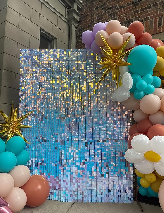 Iridescent Blue Shimmer Wall Backdrop 24 Panels Cover 6 x 4 Ft, Photo Backdrops for Wedding,Anniversary,Birthday,Party Decoration