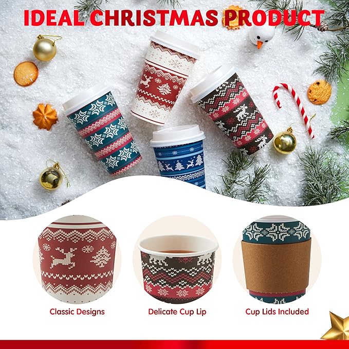 JOYIN 24 PCS Christmas Disposable Paper Cups, 16 oz Merry Christmas Party Cups With Sleeves and Lids, 4 Designs Xmas Drinkware Winter Drinkware, Tableware Holiday Party Supplies