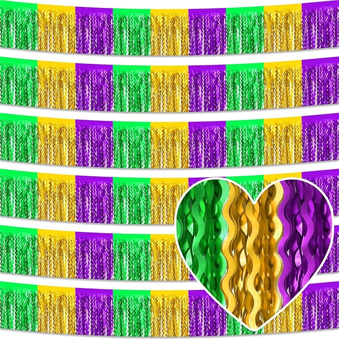 6 Pack 10 Feet Gold Green Purple Wave Foil Fringe Garland Metallic Tinsel Streamers Banner Wall Hanging Curtain Backdrop for Parade Floats, Mother's Day, Easter, Wedding, Birthday Party Decoration