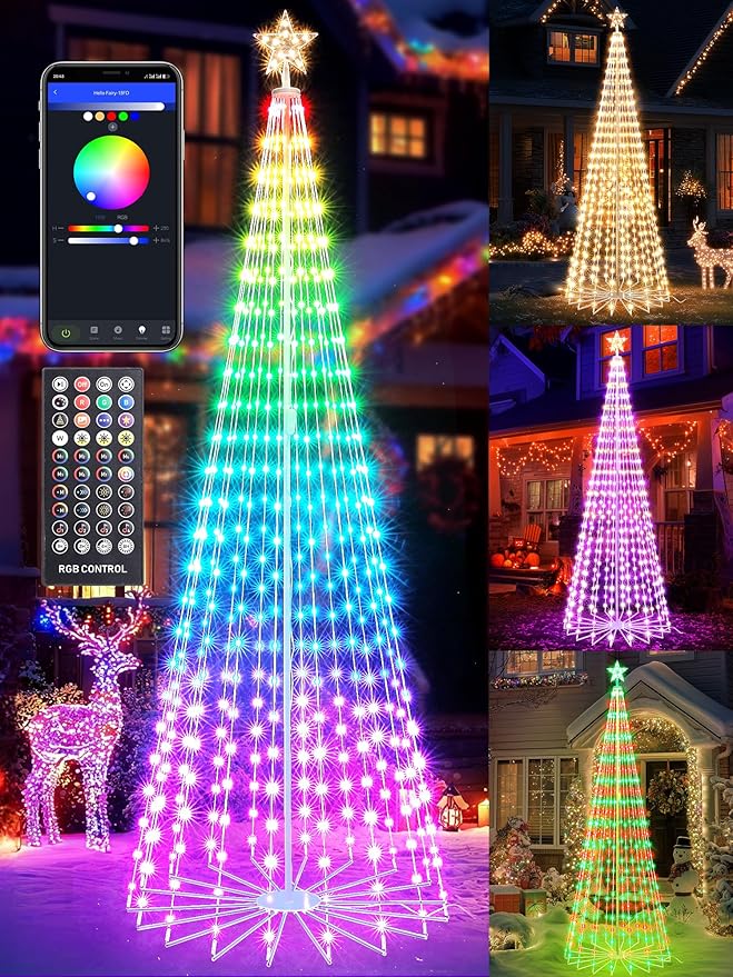 Flacchi Smart Christmas outdoor Tree Lights - 8.8FT Star Tree Topper with Removable Bracket, App Control, Sync with Music, Waterfall Colored Lights for Holiday Outdoor Decorations (8.8FT/ Rope Lights)