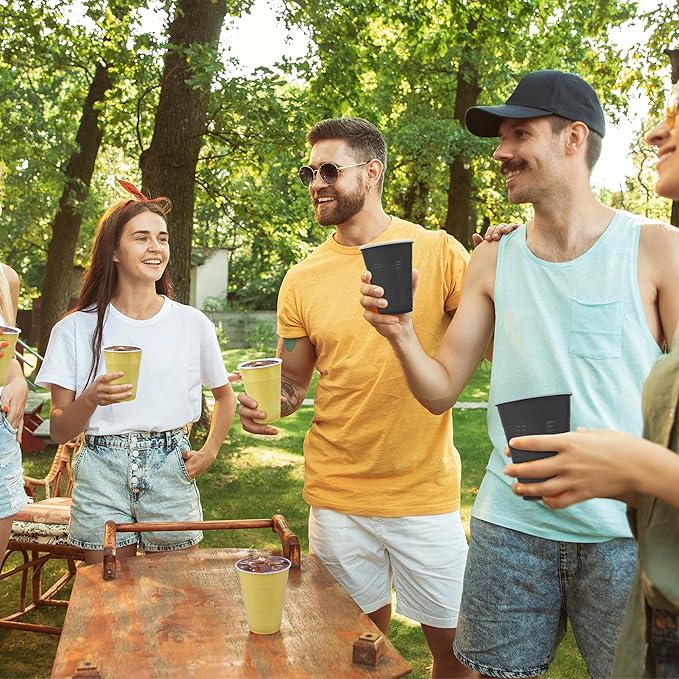 50 Pack 16 Ounce Disposable Plastic Cups Black and Gold Plastic Party Cups Heavy Duty Drinking Cup Bulk for Party Graduation Wedding Birthday Halloween Festival Supplies