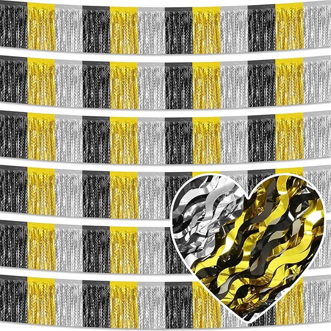 6 Pack 10 Feet Black Gold Silver Wave Foil Fringe Garland Metallic Tinsel Streamers Banner Wall Hanging Curtain Backdrop for Parade Floats, Mother's Day, Easter, Wedding, Birthday Party Decoration