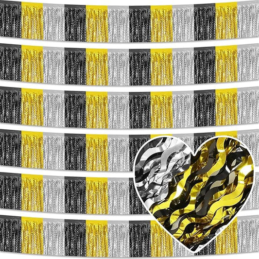 6 Pack 10 Feet Black Gold Silver Wave Foil Fringe Garland Metallic Tinsel Streamers Banner Wall Hanging Curtain Backdrop for Parade Floats, Mother's Day, Easter, Wedding, Birthday Party Decoration