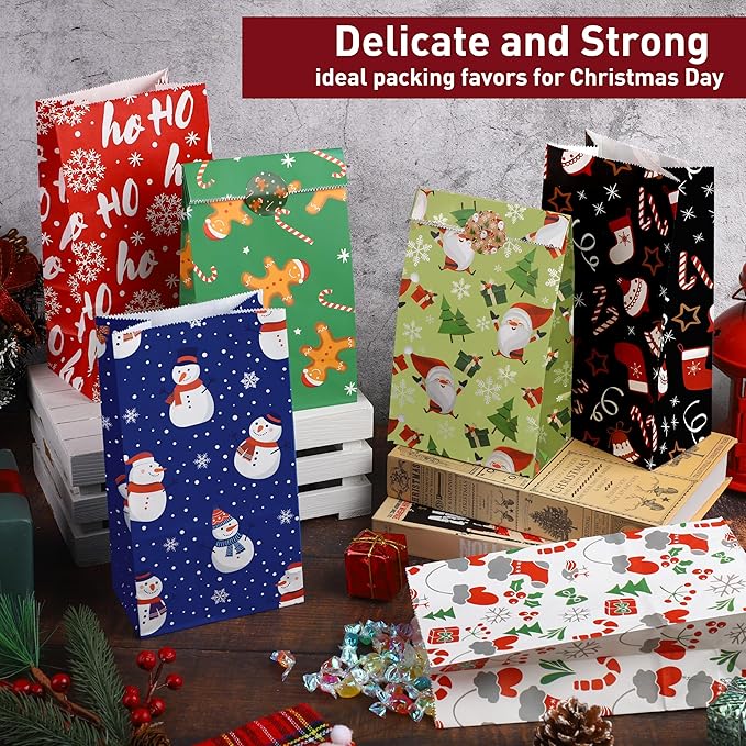 Cooraby 72 Pack Christmas Gift Bags with Tissue Paper Sealing Stickers 9.4 x 5 x 3 Inch Holiday Candy Goody Paper Bags for Xmas Party Supplies Gift Wrapping Decorations
