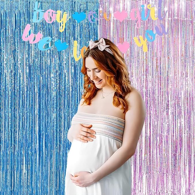 BRAVESHINE Pink Blue Tinsel Foil Fringe Curtains - 2Pcs 3.2x8.2ft Holidays Photo Streamers Backdrop for Christmas/Mermaid/Princess/Easter/Girl or Boy Birthdays/Bridal Shower Party Supplies Decorations