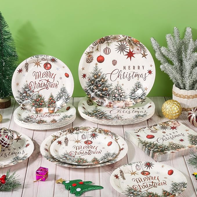 150Pcs Christmas Plates and Napkins Set, Farmhouse Disposable Holiday Dinnerware with Merry Tree & Ornaments, Christmas Paper Plates for Xmas Winter Party, Serves 50