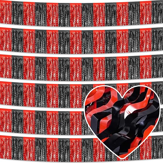 6 Pack 10 Feet Black Red Wave Foil Fringe Garland Metallic Tinsel Streamers Banner Wall Hanging Curtain Backdrop for Parade Floats, Mother's Day, Easter, Wedding, Birthday Party Decoration