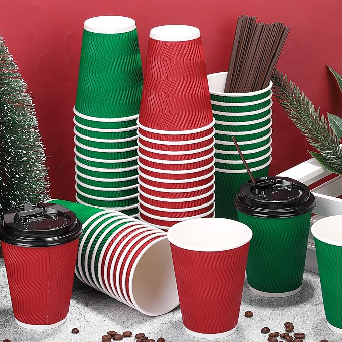 60 Pack 12 Oz Christmas Paper Coffee Cups with Black Lids Disposable Insulated Corrugated Ripple Wall Cup for Hot or Cold Drinks Office Home Travel Party Supplies
