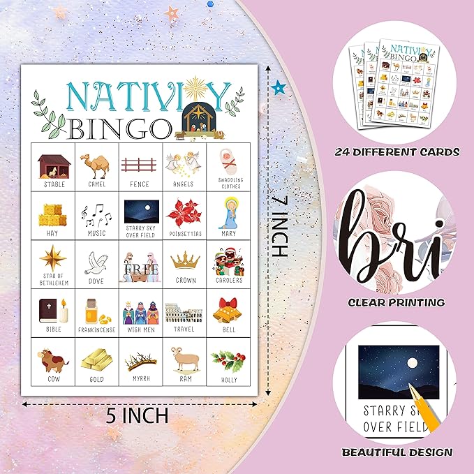 Nativity Bingo Cards, Christmas Nativity Game for 24 Players, Religious Christmas Party Games for Family Friends Activities, Holiday Party Favors Supplies Decorations(07)
