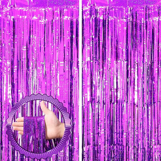 2 Pack Purple Tinsel Foil Fringe Curtains, Purple Party Decorations, Metallic Tinsel Party Streamers Backdrop for Halloween Mermaid Bachelorette Graduation Party Decorations