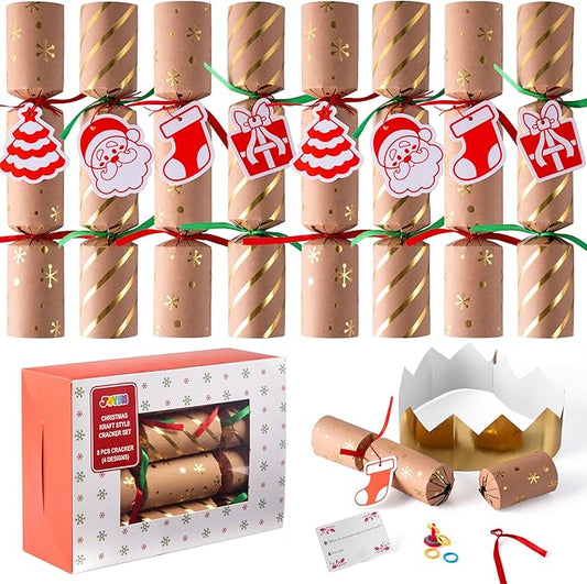 JOYIN 8 Pcs 10” Christmas Non-Snap Party Table Favor with Classic Design, with Party Hat, Joke & Little Gift Inside, for Xmas Gift, Christmas Seasonal Holiday Dinner Traditions