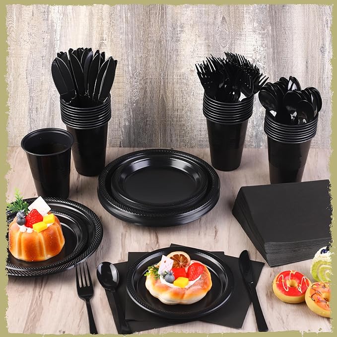 480 Pieces Black Plastic Dinnerware Set for 60 Guests Disposable Party Plates Napkins Cups and Silverware Dessert Dinner Plates for Halloween Birthday Wedding Party Supplies