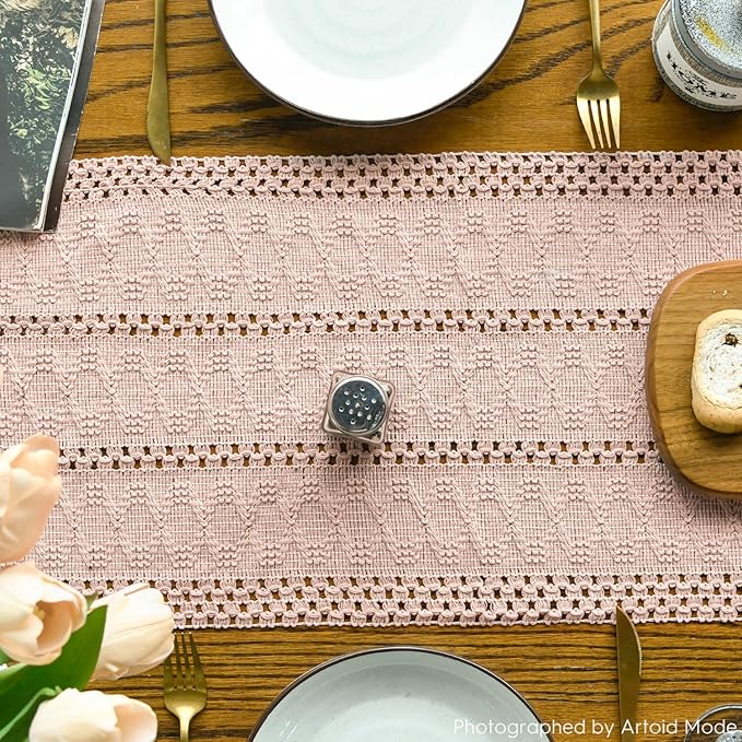 Artoid Mode Pink Farmhouse Woven Rustic Hollow Table Runner, Seasonal Holiday Hollow Kitchen Dining Table Decoration for Home Party Decor 12x90 Inch