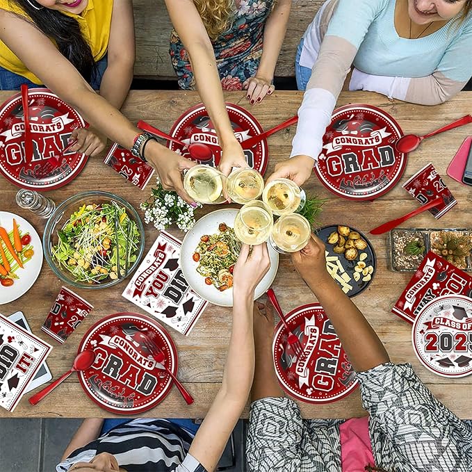 Graduation Decorations Class of 2025 - Graduation Party Supplies 2025 Include Plates, Cups, Napkins, Cutlery, 24 Guests (Maroon)