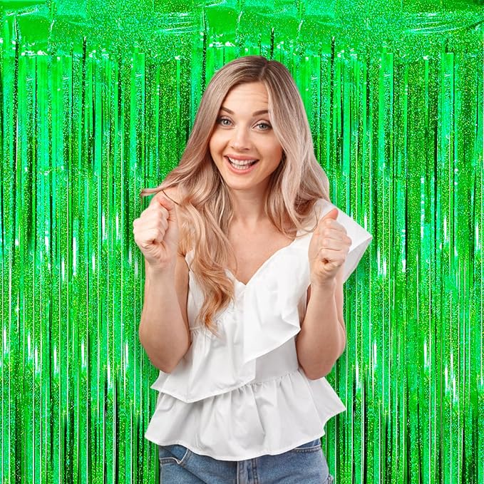 2 Pack Laser Green Tinsel Foil Fringe Curtains, Green Party Decorations, Metallic Tinsel Party Streamers Backdrop for Birthday Baby Shower St Patrick's Day Christmas Party Decorations