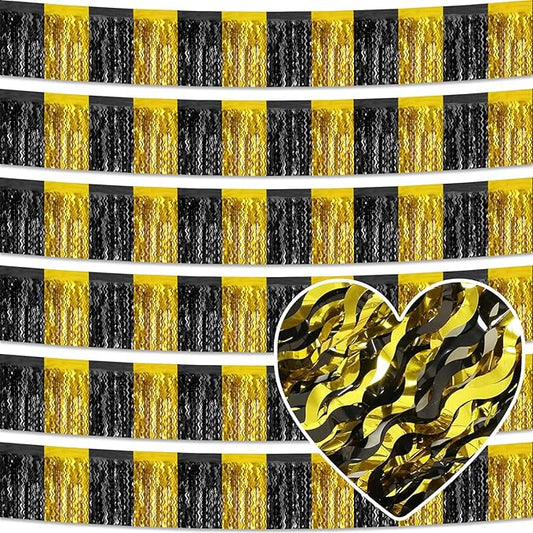 6 Pack 10 Feet Black Gold Wave Foil Fringe Garland Metallic Tinsel Streamers Banner Wall Hanging Curtain Backdrop for Parade Floats, Mother's Day, Easter, Wedding, Birthday Party Decoration
