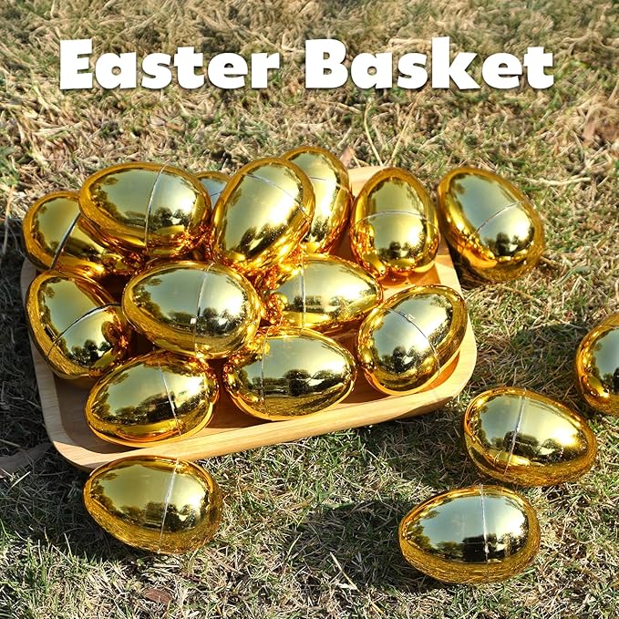 Skirfy 3.15" Easter Eggs, Fillable Goldeb Eggs Empty Eggshells with Hinge for Easter Hunt, Filling Treats, Party Favor, Basket Stuffers, Classroom Prize Supplies, 36PCS