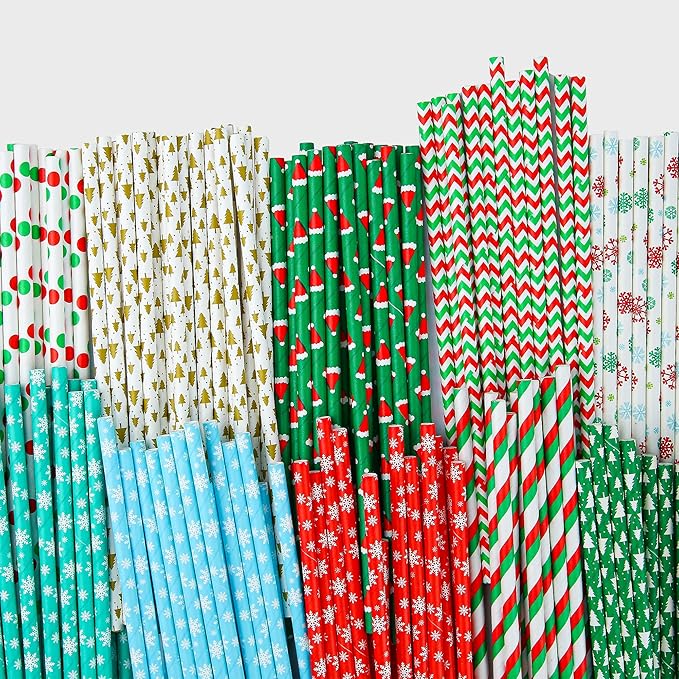 Weemium Christmas Paper Straws - [200 Pack] in 10 Designs - Biodegradable Christmas Straws for Drinking, Party and Crafts