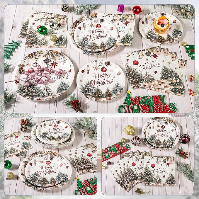 150Pcs Christmas Plates and Napkins Set, Farmhouse Disposable Holiday Dinnerware with Merry Tree & Ornaments, Christmas Paper Plates for Xmas Winter Party, Serves 50