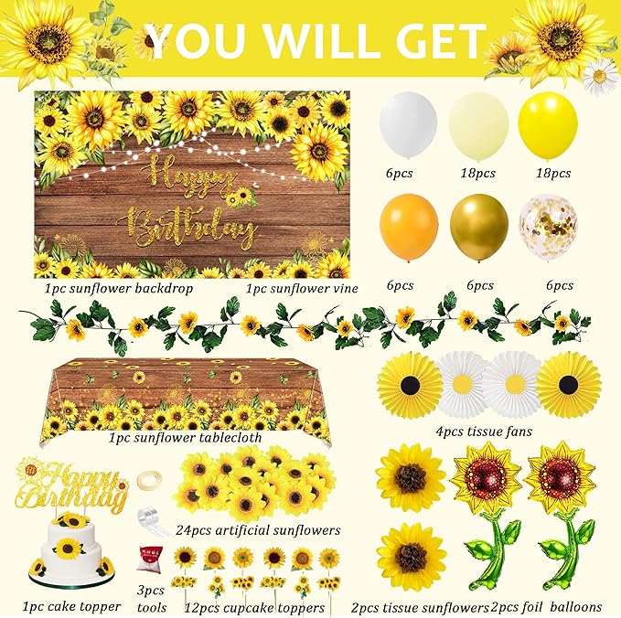Sunflower Birthday Party Decoration Pack (including Backdrop, Tablecloth, Artificial Sunflowers and A Garland, Cake Topper, Balloon Garland Arch, Foil Balloon, Yellow Tissue Paper Flowers and Fans)…
