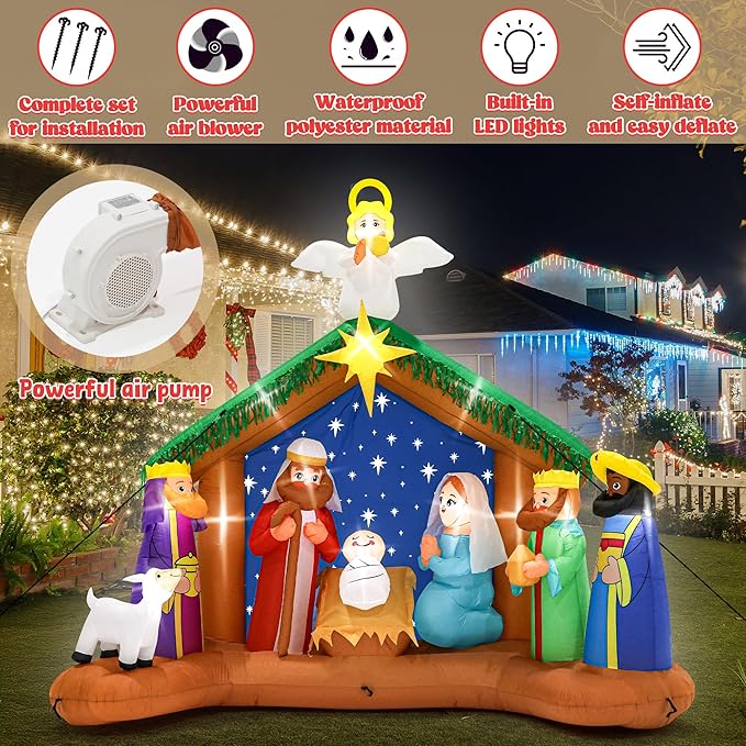 10FT Christmas Inflatables Decor, Blow Up Christmas Nativity Scene, LED Lighted The Birth of Jesus Scene Inflatables Decor, Outdoor Inflatable Decorations for Xmas Yard Lawn Patio