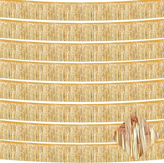 10 Pack 10 Feet Foil Fringe Garland Metallic Tinsel Streamers Banner Wall Hanging Curtain Backdrop for Parade Floats, Wedding, Disco, Birthday, Halloween, Christmas Party Decorations(Champagne Gold)