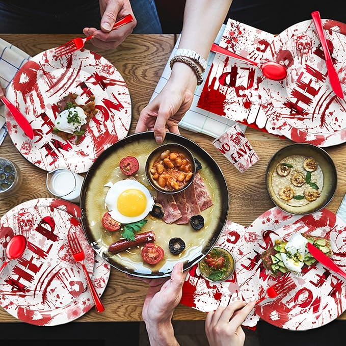 168 Pcs Hawlloween Bloody Party Supplies Tableware - Halloween Scary Party Decroations Include Plates, Cups, Napkins, Cutlery, Halloween Zombie Scary Party Decorations | 24 Guests