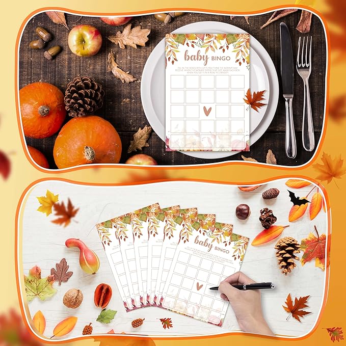 Baby Bingo Game, Autumn Baby Shower Games Cards, Thanksgiving Boy or Girl Baby Gender Reveal Party Favors Decorations and Supplies, 25 Pcs Double-Sided - E01