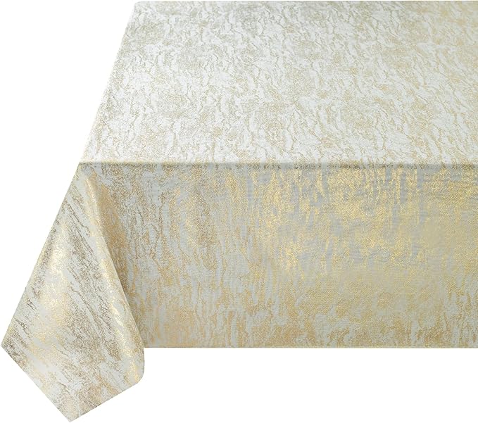 Benson Mills Metals Metallic Foil Printed Fabric Table Cloth, Holiday, Winter, Thanksgiving, and Christmas Tablecloth (60" x 120" Rectangular, Metals Ivory-Gold)