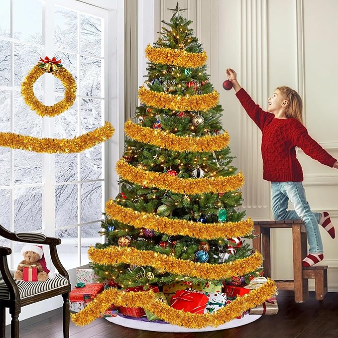 50FT Gold Christmas Tinsel Garland Metallic Twist Xmas Garland for Christmas Tree Decorations Holiday Hanging Garlands for Mantel Staircase Indoor Outdoor Home Office Class Party Holiday Decor