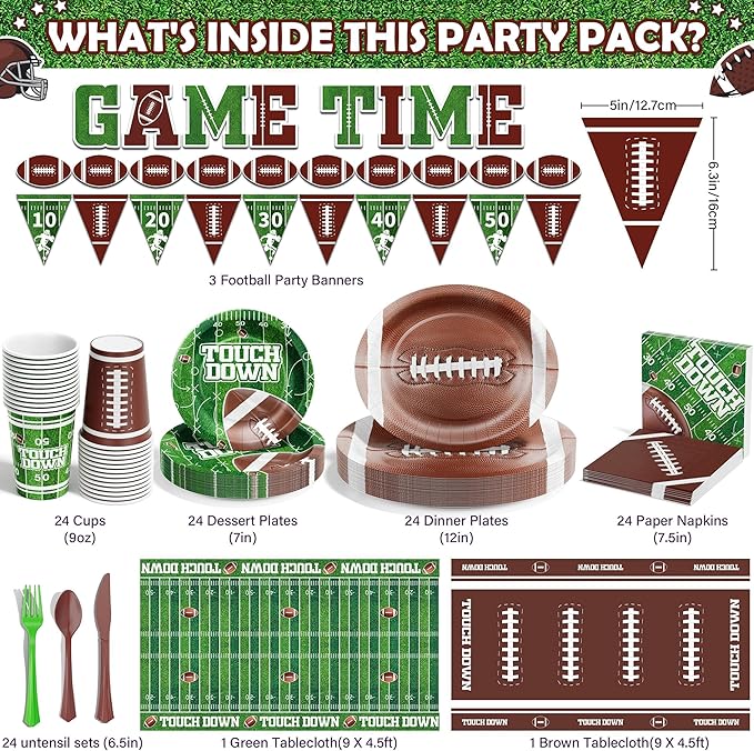 Ecomore 173PCS Football Party Decoration (Serve 24), Easter Decoration Football Birthday Party Supplies with Disposable Paper Plate Napkin Cup Cutlery Banners Touchdown Tablecloth Tailgate Party Decor