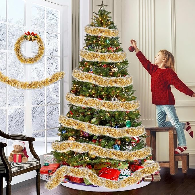 50FT Gold White Christmas Tinsel Garland, Metallic Twist Xmas Garlands for Christmas Tree Decorations, Holiday Hanging Garlands for Mantel Staircase Indoor Outdoor Home Office Party Holiday Decor